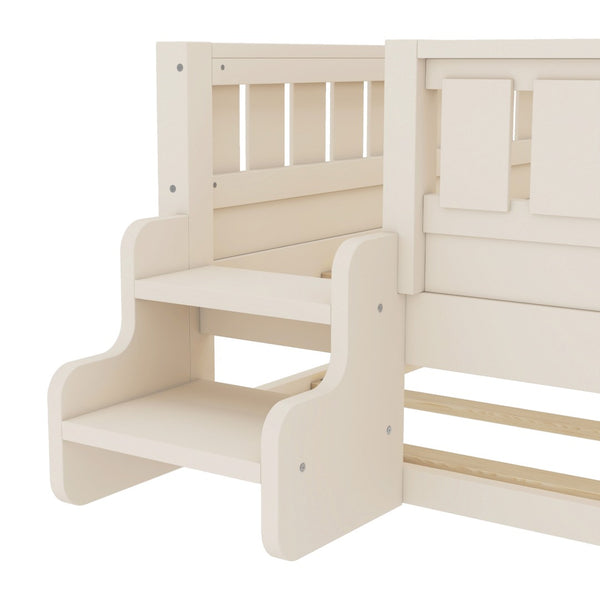 English Elm Twin Kids Platform Bed with Trundle Staircase Bookshelf and Rounded Safety Rails Beige W1580S00556