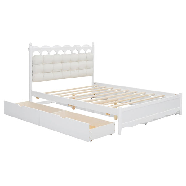 English Elm Queen Size Wooden Storage Platform Bed With Trundle, Usb Ports, And Spacious Drawers In White N820S00038K-GIGA