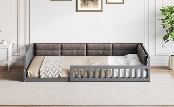 English Elm Wood Full Size Upholstered Platform Bed with Guardrail and Head Pillow, Sleek Silhouette, Sturdy 600lb Capacity Gray WF323090AAE