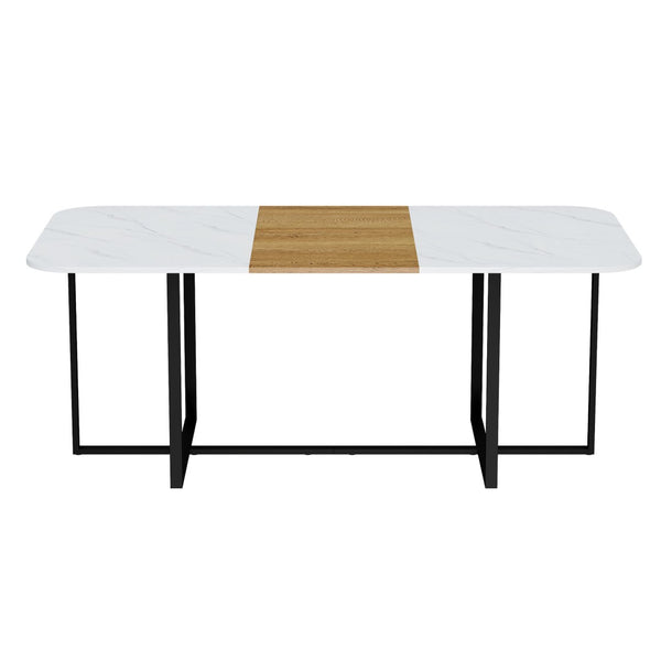 English Elm Sn-rgt200-8-whwd Faux Marble Wood Grain Top Dining Table with Sleek Black Metal Legs W3875P372901