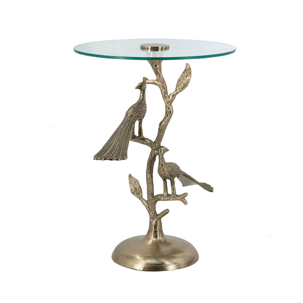 English Elm 17.7x17.7x24" Gold Peacock Round Glass Top Sculptural Aluminum Art Deco Accent Table W2078P461575