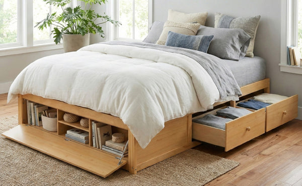 English Elm Queen Platform Storage Bed with Hydraulic Lift Footboard and Four Drawers Antique Finish Natural LP000139AAN