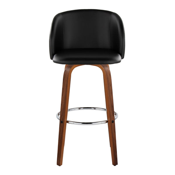 English Elm Fixed-height Swivel Barstools Walnut Bentwood Faux Leather Seat Chrome Footrest Set B202S01853