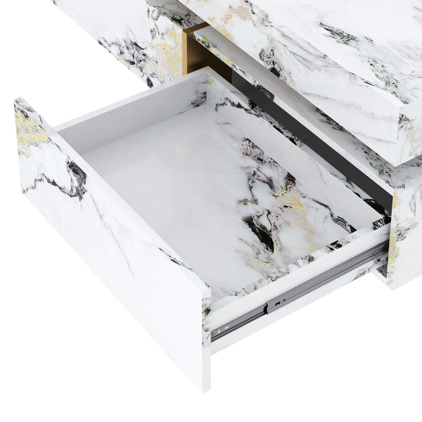 English Elm Modern Square Marble-Textured Coffee Table 43.3" White — Floating Pedestal Design, 4 Hidden Drawers, Durable Chic Storage CH350384AAK