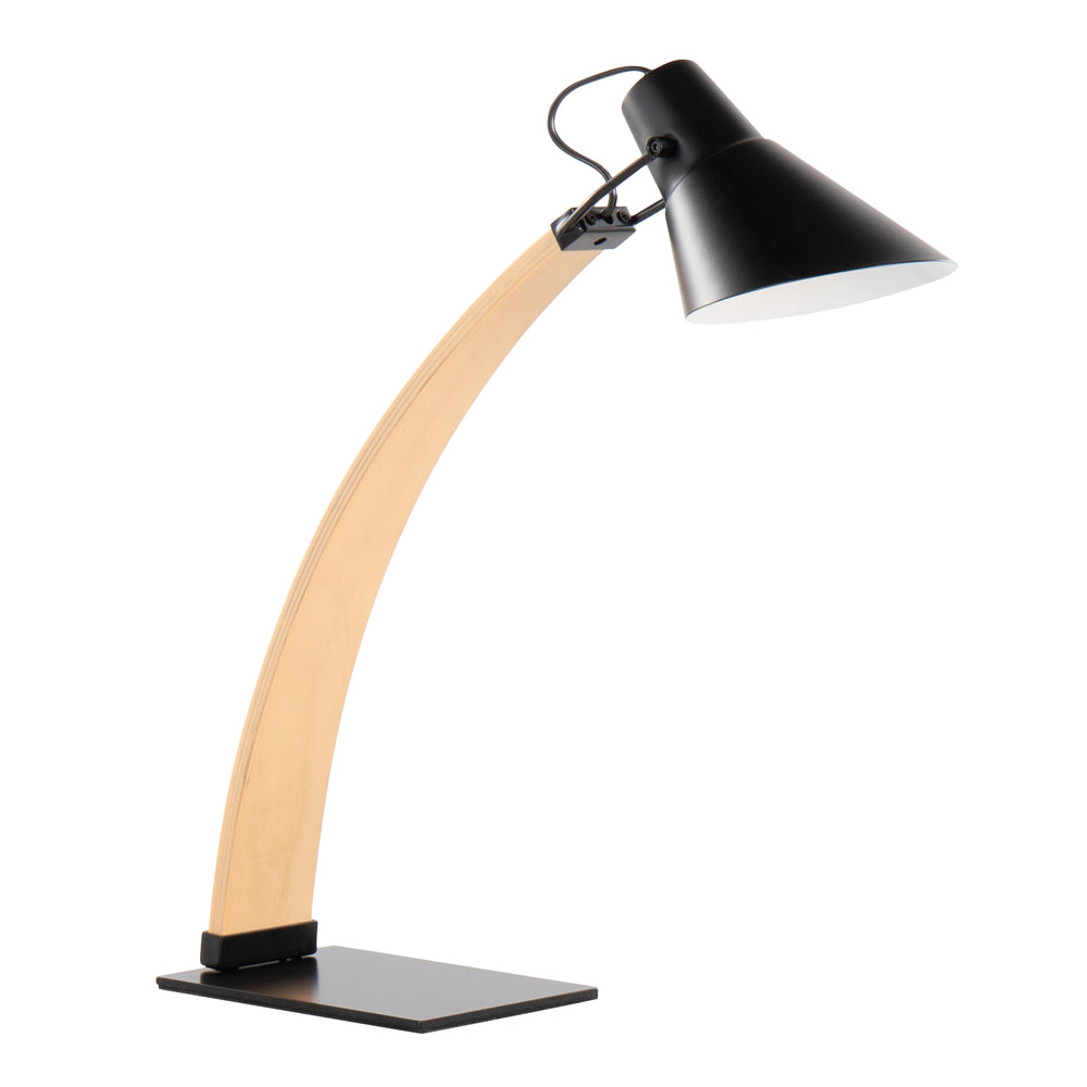 English Elm Noah Arched Desk Lamp in Natural Wood & Black Metal — Mid-Century Modern, Adjustable Shade, LED Included B202P224161