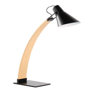 English Elm Noah Arched Desk Lamp in Natural Wood & Black Metal — Mid-Century Modern, Adjustable Shade, LED Included B202P224161