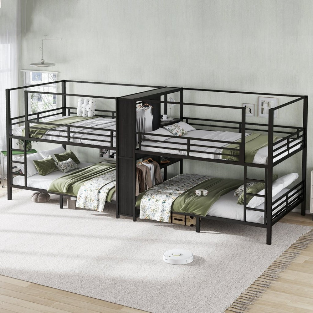 English Elm Queen Size Quadruple Metal Bunk Bed With Storage, Noise-Reducing Design & Sturdy Black Frame W1580S00156-GIGA