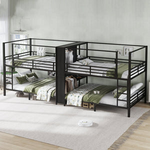English Elm Queen Size Quadruple Metal Bunk Bed With Storage, Noise-Reducing Design & Sturdy Black Frame W1580S00156-GIGA