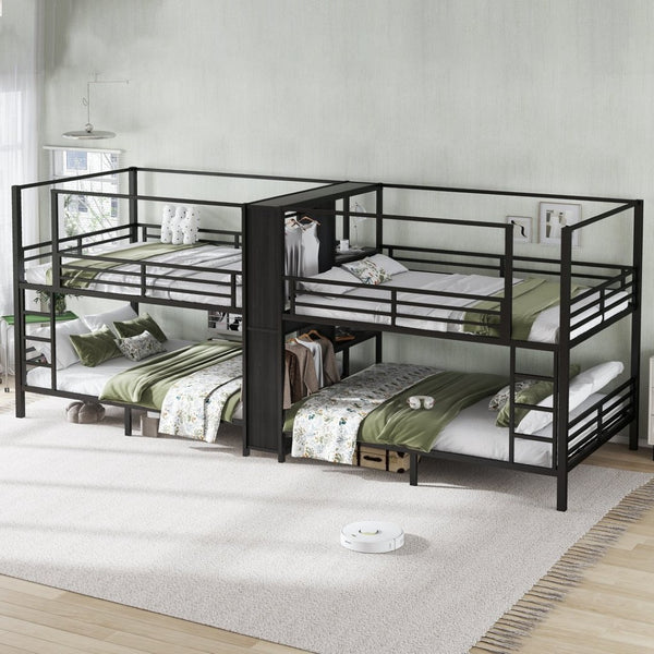English Elm Queen Size Quadruple Metal Bunk Bed With Storage, Noise-Reducing Design & Sturdy Black Frame W1580S00156-GIGA