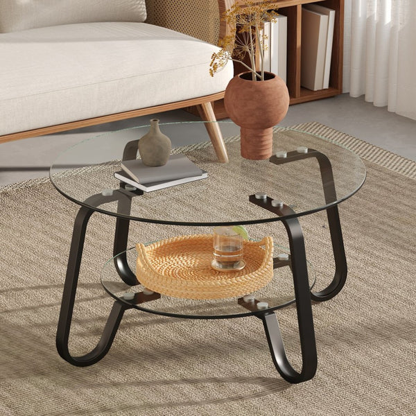 English Elm Retro Industrial Square Coffee Table Dual Tier Tempered Glass and Powder Coated Metal Frame Black W3875P373154