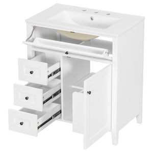 English Elm 30-Inch Contemporary Bathroom Vanity with Sink, MDF & Rubberwood, Glossy Finish, 3 Drawers + Cabinet White N725P350819K