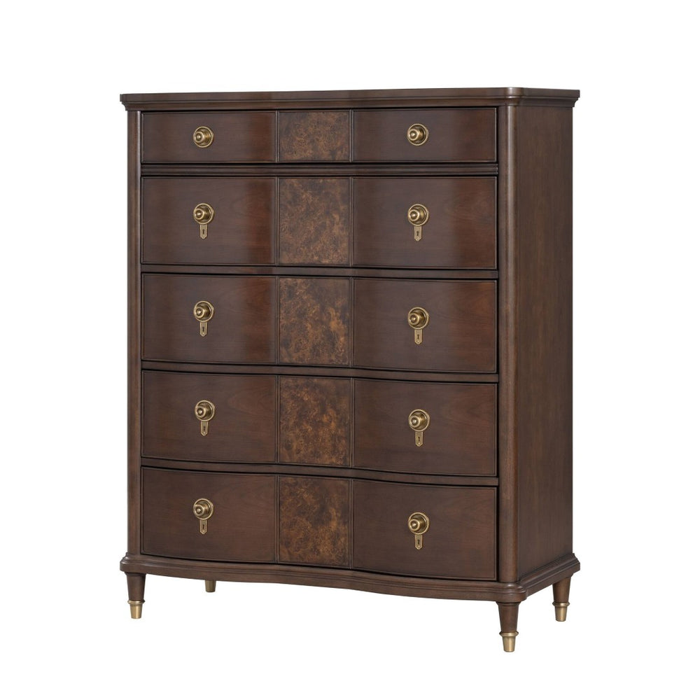 English Elm 1pc Transitional Dark Cherry Rubberwood Chest Dovetail Drawers Gold Knobs Bedroom B2741P446686