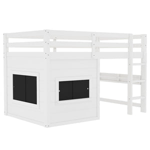 English Elm Twin Loft Bed House Frame with Sliding Chalkboard Built-in Bookshelf and Safety Rails White W1580S00319
