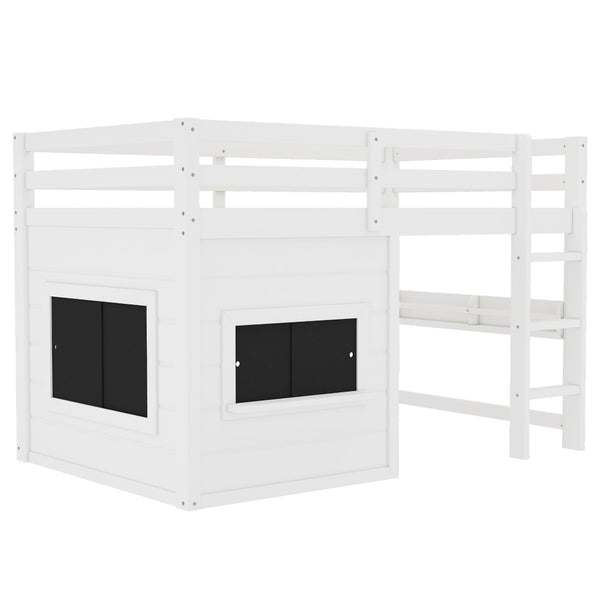 English Elm Twin Loft Bed House Frame with Sliding Chalkboard Built-in Bookshelf and Safety Rails White W1580S00319