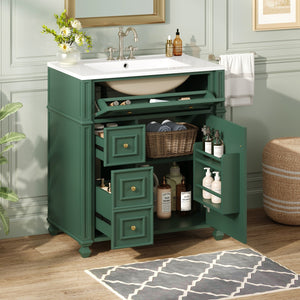 English Elm Bathroom Vanity with Sink French-Inspired 30" Ceramic Basin Vanity Cabinet with Soft-Close Doors & Drawer Organizer Green N710P286723F