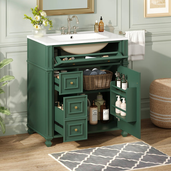 English Elm Bathroom Vanity with Sink French-Inspired 30" Ceramic Basin Vanity Cabinet with Soft-Close Doors & Drawer Organizer Green N710P286723F