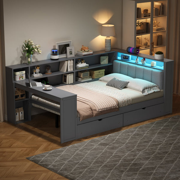 English Elm Wood Full Size Gaming Loft Bed with Integrated Desk, Shelves, LED Lighting & Hanging Clothes Rack Grey N7090001047E