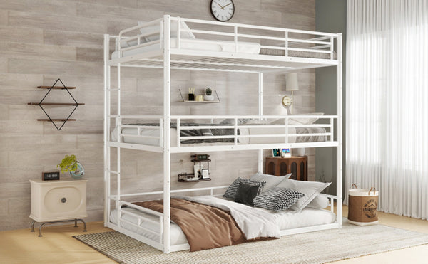 English Elm Twin Triple Metal Bunk Bed Matte Powder Coated Frame with Full Safety Guardrails Light White W1580S00581