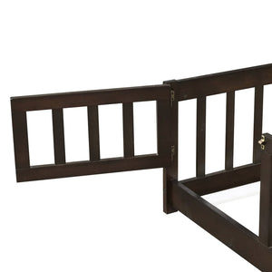 English Elm Queen Rubber Wood Floor Bed with Full Perimeter Safety Fence and Hinged Access Door Espresso W504P429342