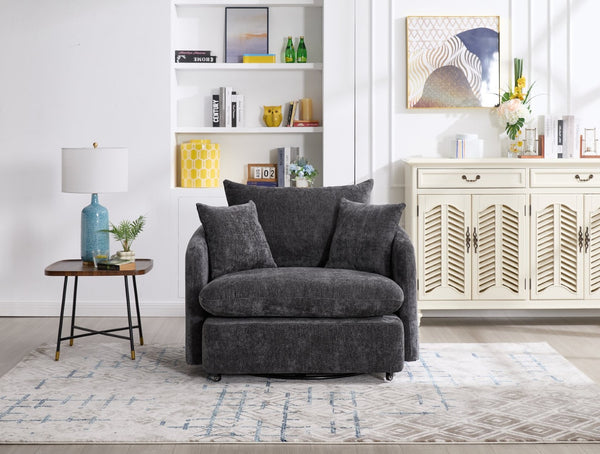 English Elm 360° 360 Swivel Oversized Chenille Armchair with Pocket Spring Seat and Three Throw Pillows Dark Gray W1361S00072