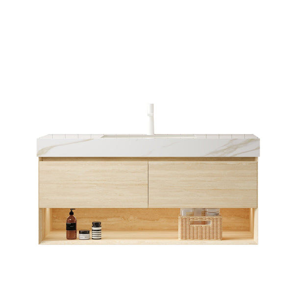 English Elm FRIGGA 48" Bathroom Vanity with Calacatta Gold Sintered Stone Top, Ceramic Basin, LED Sensor Light, Plywood Cabinet W2615S00294