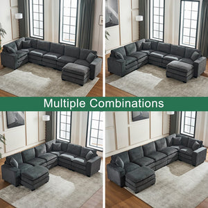 English Elm Modern U Shaped 6-Seat Sectional Sofa with Ottoman and 3 Toss Pillows, Corduroy Modular Comfort and Durable Frame Grey W2363S00041