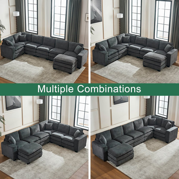 English Elm Modern U Shaped 6-Seat Sectional Sofa with Ottoman and 3 Toss Pillows, Corduroy Modular Comfort and Durable Frame Grey W2363S00041