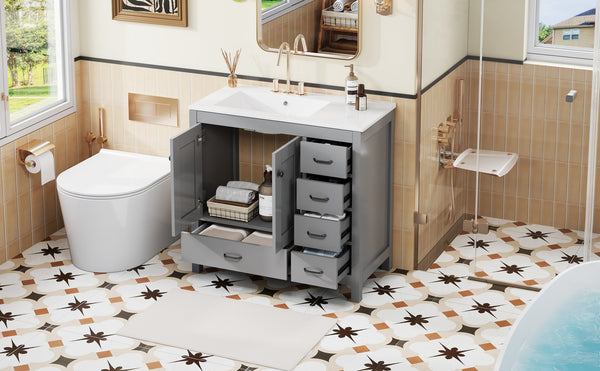 English Elm 36" Gray Bathroom Vanity with Ceramic Sink, 5 Drawers & Soft-Close Doors, Solid Wood Modern Storage N729P183735E