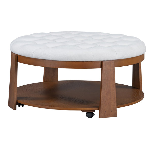 English Elm Modern Round Oversized Ottoman Coffee Table with Button Tufting, Waterproof Linen, Wheels & Lower Wood Shelf for Storage and Seating Ivory White N735P180224K