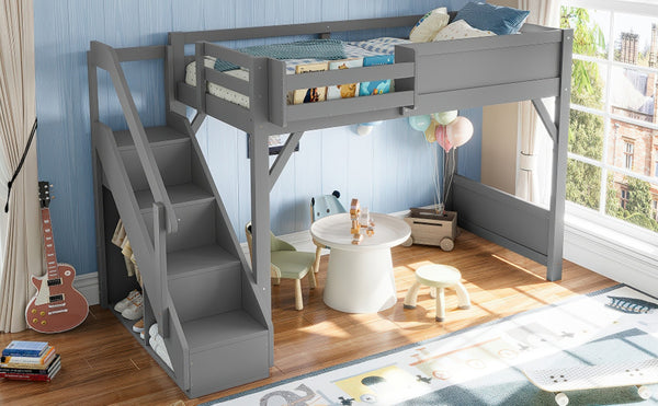 English Elm Twin Low Loft Bed Solid Pine Frame Kids Study Desk Blackboard Storage White Gray W1580S00467