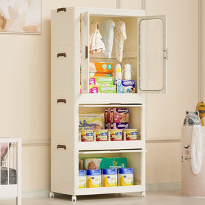 English Elm Portable Kids Wardrobe Cabinet with Magnetic Doors Hanging Rod and Four Cube Storage W2699P210481