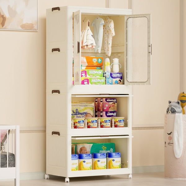 English Elm Portable Kids Wardrobe Cabinet with Magnetic Doors Hanging Rod and Four Cube Storage W2699P210481