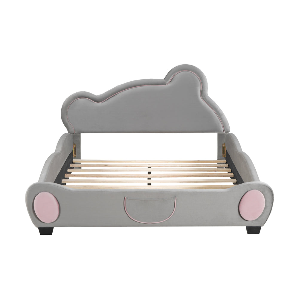 English Elm Full Velvet Bear-Shaped Platform Bed Full Size with Storage Pocket, Cute Cuddly Headboard, Gray Plush Finish SF000143AAE