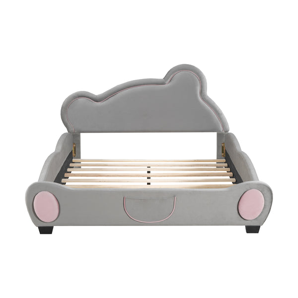 English Elm Full Velvet Bear-Shaped Platform Bed Full Size with Storage Pocket, Cute Cuddly Headboard, Gray Plush Finish SF000143AAE