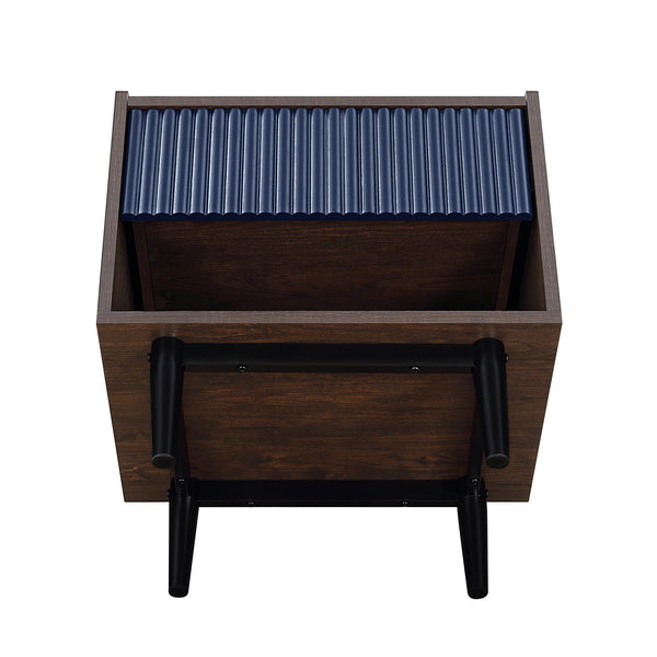 English Elm Duane Navy Blue 20" Fluted Nightstand with Ribbed MDF, Handless Drawer, Iron Feet, Modern Storage B365P398181