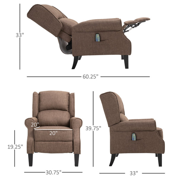 English Elm HOMCOM Linen Massage Recliner Sofa with Heat & Remote, Pocket Spring Comfort, 140° Recline Brown W2225P173853