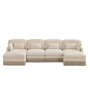English Elm 131"comfy Chenille Leopard Print U-shaped Sectional with Tassel Trim and Modular Ottomans Beige W5656S00009