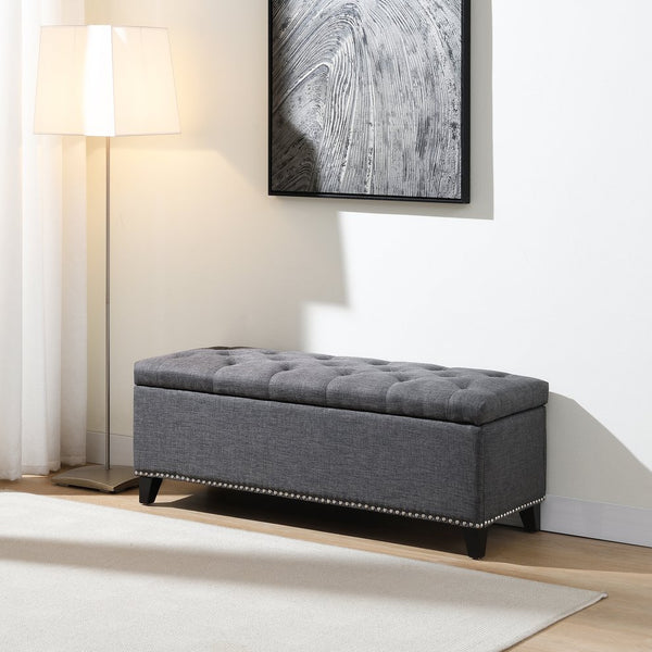 English Elm 47.5" Storage Ottoman Bench with Hidden Storage, Button-Tufted Linen Look, Nailhead Accent Seating and 500lb Support DARK GREY W2671P369190