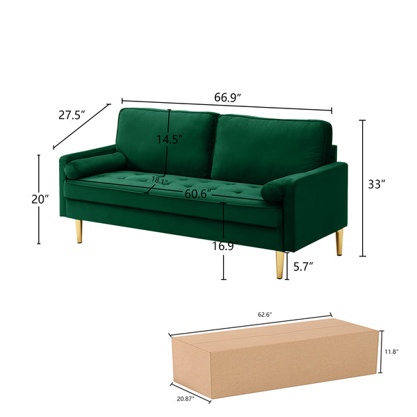 English Elm 65-inch minimalist velvet loveseat with gold metal legs, thick cushions, solid pine frame, 800lb capacity Green W2795P247595
