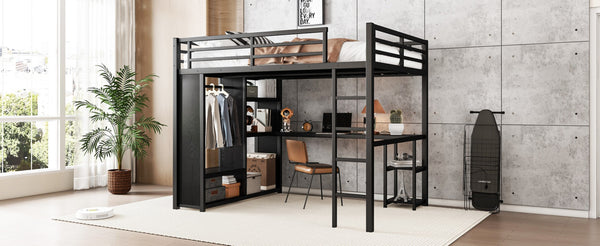 English Elm Queen Size Loft Bed Frame With Integrated Wardrobe, Desk & Shelves - Space-Saving Black Design W1580S00105-GIGA