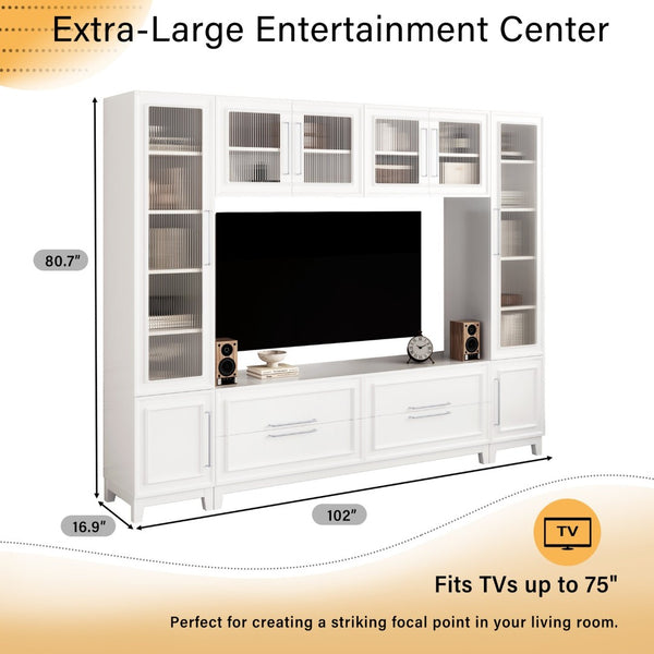 English Elm Vibe Haus Fluted Glass Wall Unit Tall Mdf Entertainment Console for Living Room N893S000011K