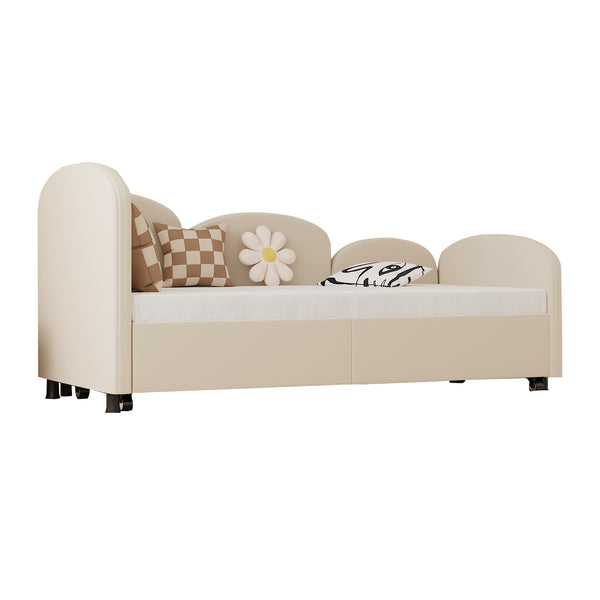 English Elm Twin Flower Velvet Daybed Frame with Pull-Out Storage Drawer, Modern Plush Sofa Bed for Kids Beige W395S00115