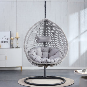 English Elm 76.8-inch Hand Woven Rattan Egg Swing Chair Indoor Outdoor with Cushion Lumbar Pillow Gray W1512P498595