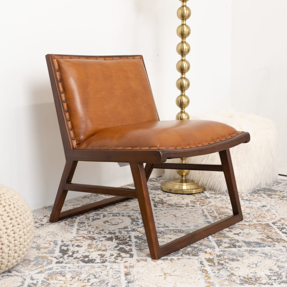 English Elm Ashcroft Furniture - Everett Tan Leather Lounge Chair with Goatskin Upholstery, Solid Teak Frame, Modern Comfort Finish B183P281187