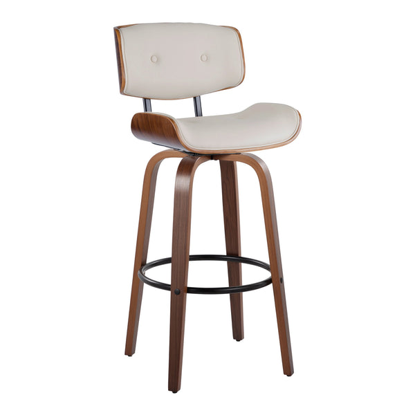 English Elm Lombardi Mid-Century 30" Fixed-Height Swivel Barstools, Walnut & Cream Faux Leather, Set of 2 B202S00611