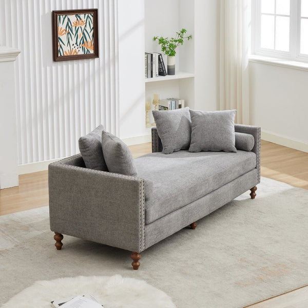 English Elm 75.2'' Chenille Upholstered Daybed Chaise with Nailhead Trim and Rubberwood Legs Gray W3188S00058
