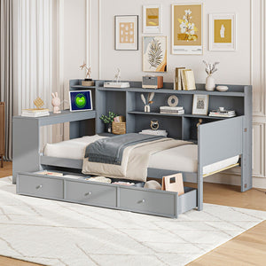 English Elm Twin Size Multifunctional Wooden Daybed With Usb Ports, Desk & 3 Storage Drawers In Gray Finish N820S00017E-GIGA