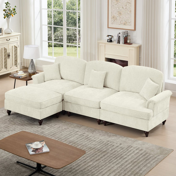 English Elm Mid Century three-seater modular L-shaped sectional sofa with removable ruffle skirts, chenille comfort and spindle legs — versatile, elegant seating solution Beige+White W3041S00234