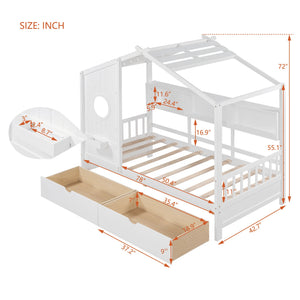 English Elm Wooden Twin House Bed with Roof and Built-In Shelf Plus Two Underbed Drawers for Kids Playful Retreat White 41.65 L x 18.25 W x 6 H N733S308483K