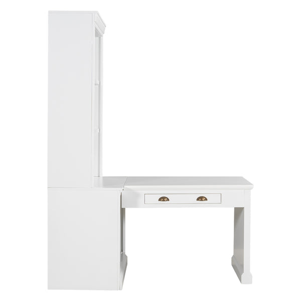 English Elm 83.4"Tall Bookshelf with Writing Desk White – Modern Solid Wood Workstation with LED, Drawer & Adjustable Shelf N751S280597K